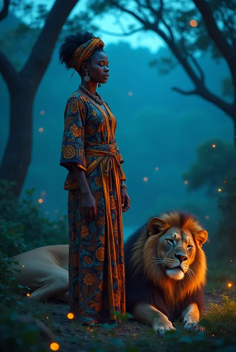 African woman dressed in african designed clothes, standing in the wilderness next to a sleeping lion, night time with fireflies shining all over the scene, blue light shining all over the scene, fantasy art, cinematic lighting, artgerm style, 32k, ultra H...