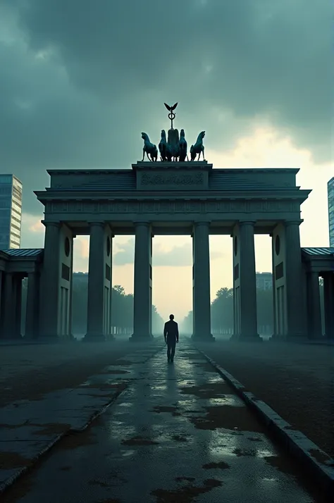 Brandenburg Gate abandoned without people and other life at dusk with a modern dramatic background