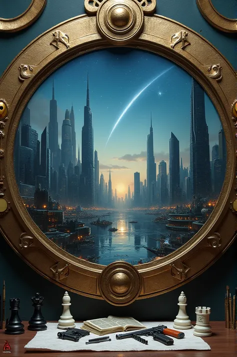 The image shows a painting, which has a circular metal frame with the figure of the ouroboros, The canvas depicts a futuristic city with large skyscrapers, with a shooting star streaking across the night sky in the distance.. Outside the painting two chess...