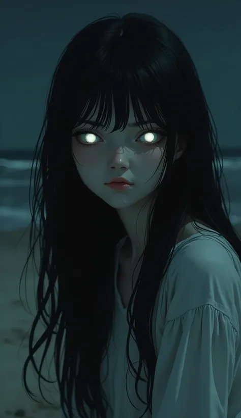 Depressed girl、Long black hair、Small Nose、Skinny body、Glowing white eyes、Thin lips、Inpatients、Upper Body、Close-up、Real、Sandy beach at night、darkness