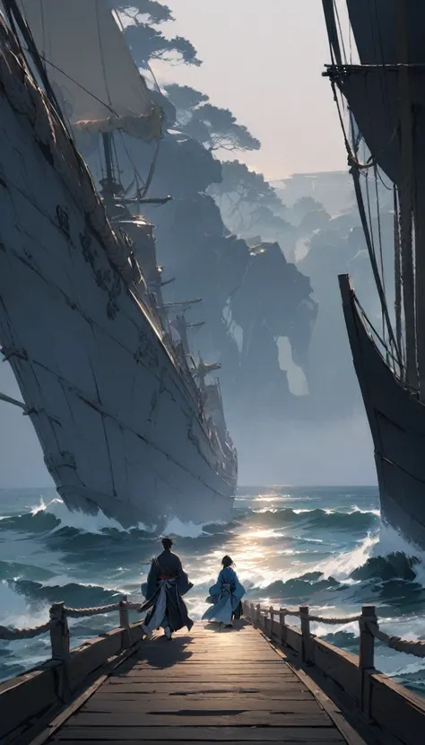 A samurai in a blue haori walking away from another samurai on a ships deck. The ocean stretches out behind them, and the atmosphere is filled with silent tension."