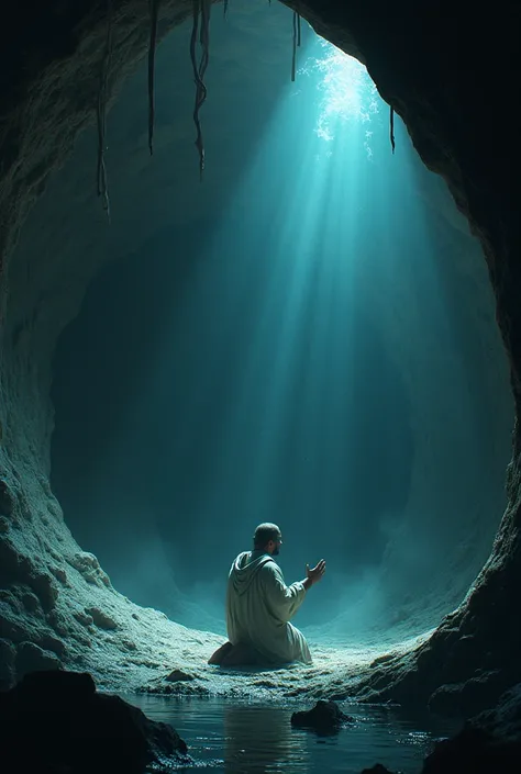 Prophet Yunus in the belly of a big fish, praying fervently in the dark, while a soft light shone on his face as a sign that his prayers were heard.