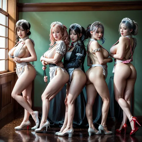 (Full Body of Extremely Detailed((Sexy Maid Group in a row:1.37))), KAWAII perfect face, Reflective Eyes, Detailed(Delicate Clothing textures), Correct Stretchy graceful legs, Dynamic Joyful Expressions LifeLike Rendering, Specular Reflection, TopQuality 8...