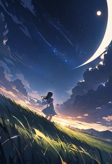 Attention to detail, Super Detail, Ultra-high resolution, A girl in the grass, The moon behind the girl,The moonlight shining down on her, The background is a starry sky,The moon is on the right side near the center of the whole image.,The girl is looking ...