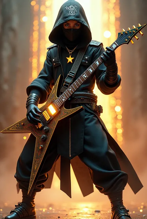 Personnage inspiré ninja rocker avec une guitare électrique qui ressemble a une étoile avec des effet scintillante est éclatant détoiles une étoile sur le milieu de la guitare avec une étoile filante sur la guitare un costume de ninja avec une capuche de n...