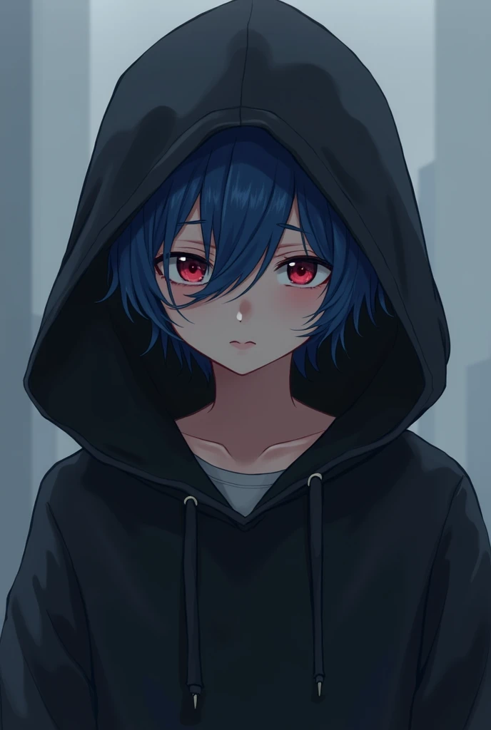 An anime boy in a black hoodie (blue hair) with a sad mood and cute who is young 
 and has red eyes