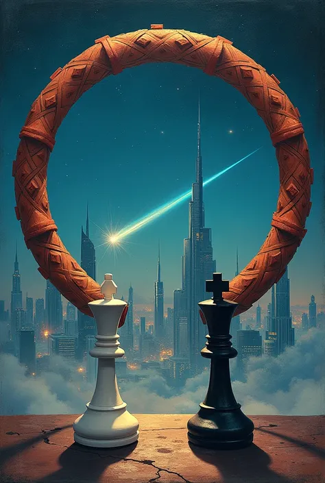 The image shows a painting, which has a circular frame shaped like an ouroboros, The canvas depicts a futuristic city with large skyscrapers, with a shooting star streaking across the night sky in the distance.. Outside the painting two chess pieces can be...