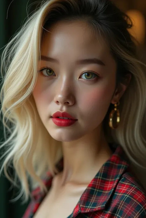 Korean woman in her 20s, Very short plaid skirt Very tight shirt Blonde hair Big green eyes Slightly arched forehead, Give my face a unique shape. It flows smoothly into my high, Defined eyebrows. My nose bridge is straight and symmetrical, Lead to a sharp...