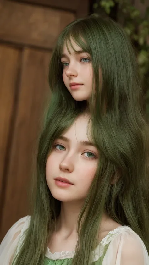 a girl. European. Extremely detailed face. Oval face. Delicate facial features. Half-closed eyes. Long straight hair. Messy hair. Bangs. Green hair. Green eyes. Pensive. Melancholic. Ethereal. Innocent. smile
