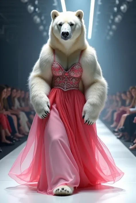 A beautiful white bear wearing pink and red maxi cloth walking down the runaway at a fashion show,
