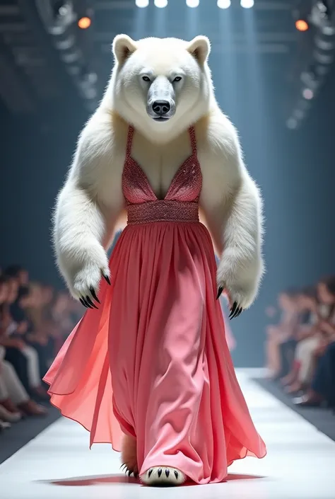 A beautiful white bear wearing pink and red maxi cloth walking down the runaway at a fashion show,
