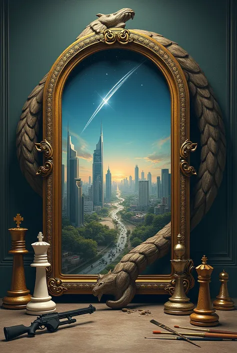 The image shows a painting: 
The painting has a frame shaped like an ouroboros., The canvas depicts a futuristic city with large skyscrapers, with a shooting star streaking across the night sky in the distance.. 
Outside the painting two chess pieces can b...