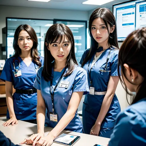 A group of three or more beautiful and elegant nurses working diligently at a modern, high-tech nurse station. Each nurse is dressed in clean, crisp uniforms, with gentle smiles, exuding professionalism and warmth. The nurses are interacting with each othe...