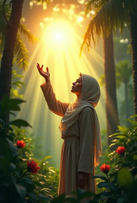 A girl with Borkha, in a jungle rising his hand to sun. Sun rays come