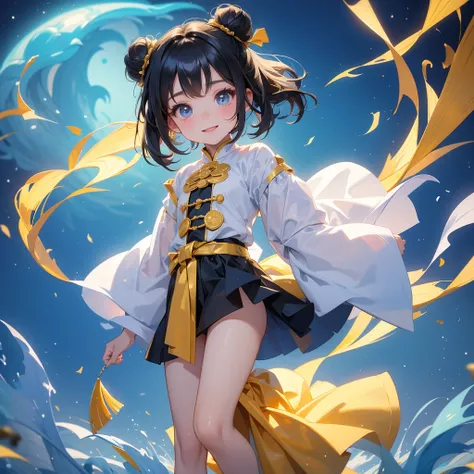 A chibi child girl had a small face and Wearing a white little Taoist priests outfit. A pair of big round eyes shone with curiosity about him. This child was so cute!, Burning joss paper and gold paper for the departed spirits, her hair is black with two b...