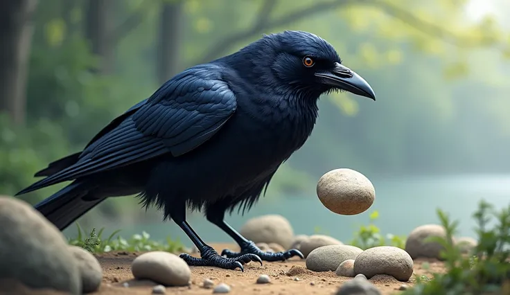 The crow is constantly throwing stones, and has a look of determination and hard work on its face.