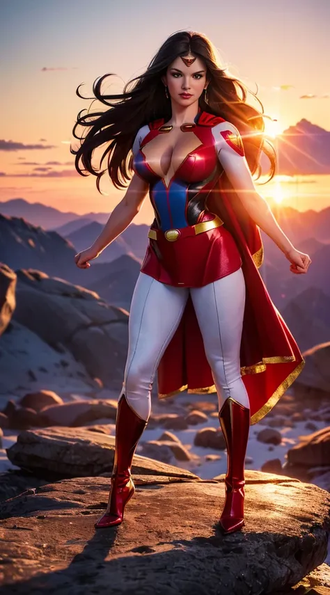 Superwoman (Miss, Superman costume in white with red and gold details) From DC Comics, Full body picture, Reality, High Detail, Practical, masterpiece, absurd, best quality, HDR, high quality, high resolution, Extremely detailed, 8k wallpaper, Intricate de...