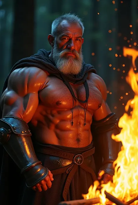 Gay porn hit sexy . Grandpa bodybuilder  in armor knight. Nigt . Bonfire. Hot posing . Big muscle pecs. Want to get fucked. Sexy face. Old. Hairy. Oily skin. Sweat.  