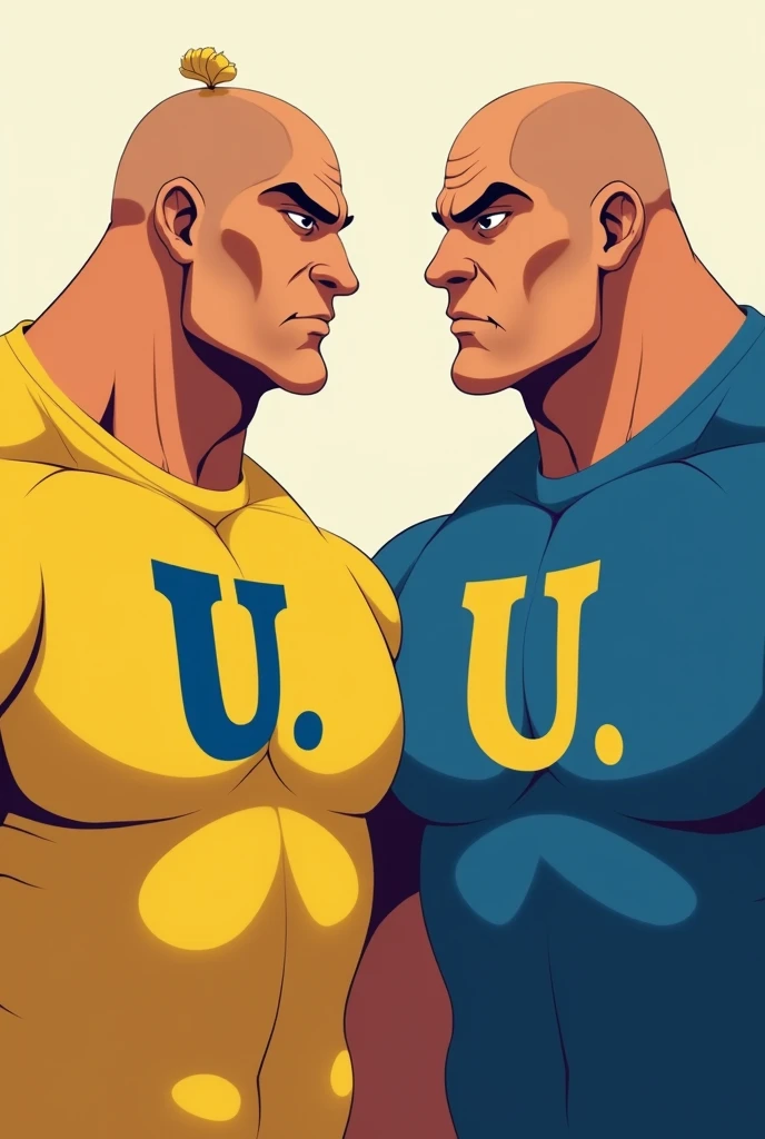 Twin big guy.(( Wear shirt yellow Word "U ". The font blue color, with one hair on blad hair.)) ((Wear shirt blue Word "U " the font color yellow color, with on blad hair