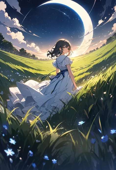 Attention to detail, Super Detail, Ultra-high resolution, A girl in the grass, The moon behind the girl,The moonlight shining down on her, The background is a starry sky,The moon is on the right side near the center of the whole image.,The girl is looking ...