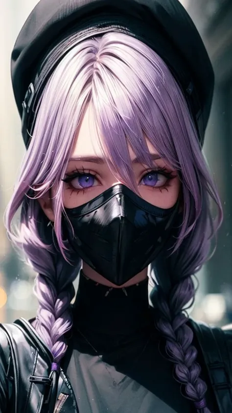 a cyberpunk boy with purple hair and mask, in the style of dark black and white, light purple and black, neocyberpunk, 8k uhd, male focus, purple hair, hat, braid, mask, jacket, hair between eyes, shirt, black headwear, twin braids, hood, black shirt, macr...