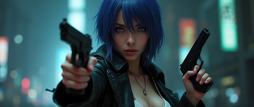 30 yo,realistic hardboiled woman ,blue-purple hair,Scarlett Johansson　in Ghost in the Shell,Public Security,(1 girl),realistic ghost in the shell with guns,Wearing a white Fishnet tights and long trench leather coat,(beautiful eyes:1.2),(beautiful face:1.3...