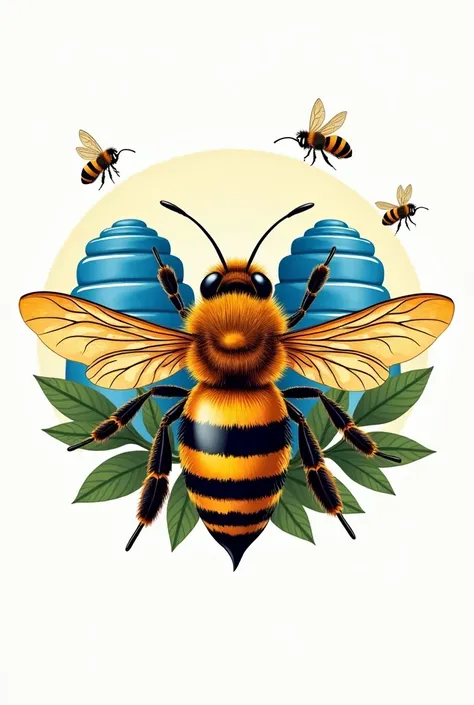 Beekeepers Logo A beautiful bee and flying bees In the background : two blue hives 
