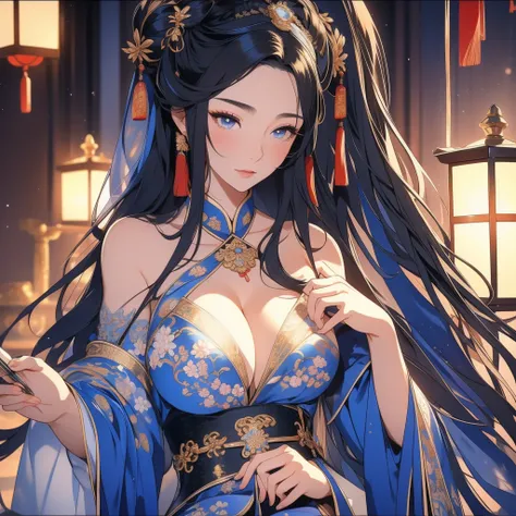 A 25-year-old very beautiful widow. An ancient Chinese woman in Hanfu reveals her cleavage and has a shy expression. She is widowed holding a knife.

