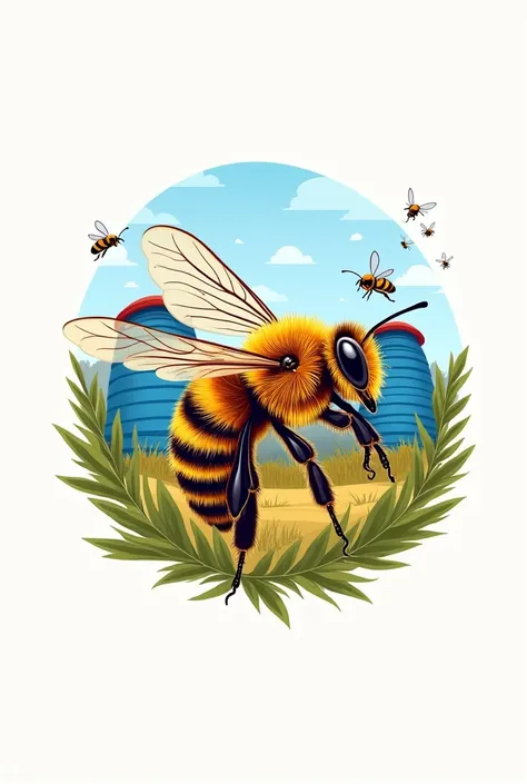 Beekeepers Logo A beautiful bee and flying bees In the background : two blue hives 
