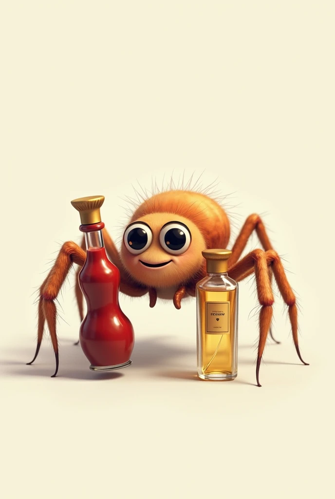 A spider holding a ketchup and perfume,cute
