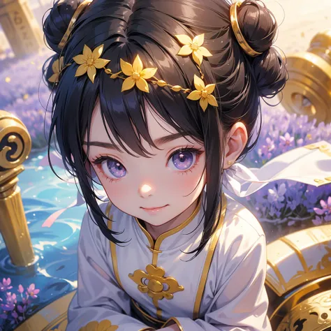 A chibi child girl had a small face and Wearing a white little Taoist priests outfit. A pair of big round eyes shone with curiosity about him. This child was so cute!, Burning joss paper and gold paper for the departed spirits, her hair is black with two b...