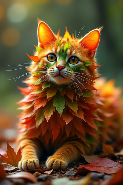 A cat made with leafs