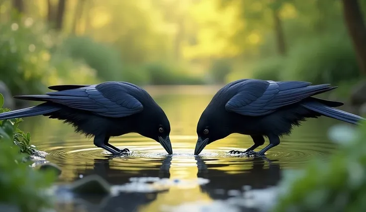 Crows are depicted drinking water, with a sense of joy and peace.