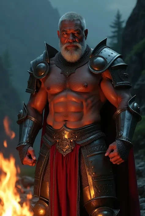 Gay porn hit sexy .asian Grandpa bodybuilder  in armor knight. Nigt . Bonfire. Hot posing . Big muscle pecs. Want to get fucked. Sexy face. Old. Hairy. Oily skin. Sweat.  Casanova.  Happy. Erotic 