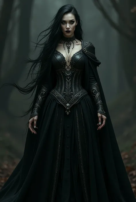 a dark evil sorceress woman, detailed portrait, dramatic lighting, high contrast, cinematic, chiaroscuro, piercing eyes, long black hair, pale skin, dark makeup, pointed chin, sinister expression, intricate ornate dress, flowing cape, mysterious aura, dark...