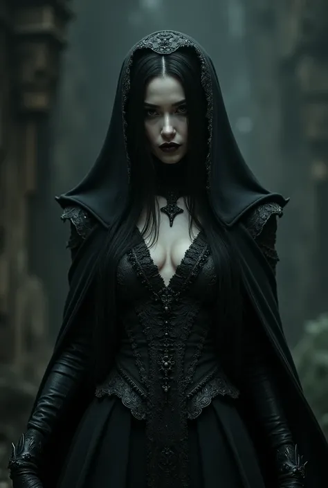 a dark evil sorceress woman, detailed portrait, dramatic lighting, high contrast, cinematic, chiaroscuro, piercing eyes, long black hair, pale skin, dark makeup, pointed chin, sinister expression, intricate ornate dress, flowing cape, mysterious aura, dark...