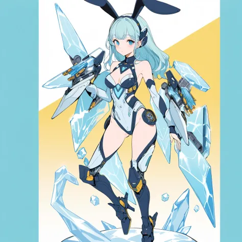 dynamic angle, ultra realistic, ultra intricate, ultra detailed, pop Art style {The mech bunny wrapped in ice possesses a futuristic charm. Her mechanical body is covered in cold ice, with mechanical parts peeking through the transparent ice. Her ears are ...