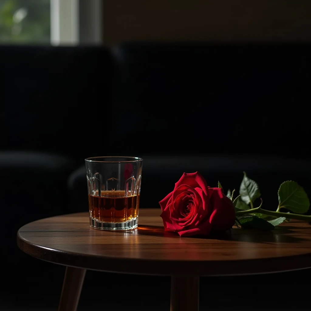 alcohol,red rose,Wooden table,night,black sofa