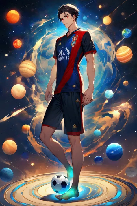 handsome young man with dark hair and red eyes standing and a soccer ball on his foot, he has a blue energy that emanates from his body. In the background, there are planets and galaxies. he is dressed in soccer attire