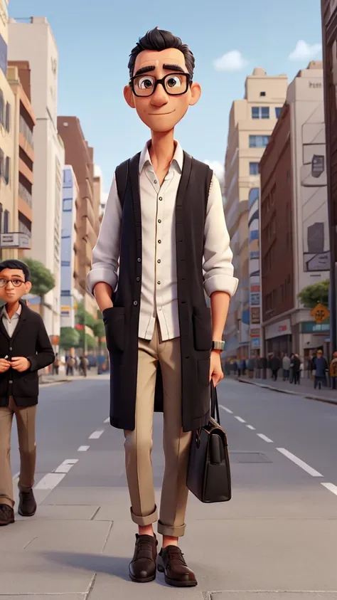 A man walking on the city road, many people in the road, 50 years old,black short hair, very thin face , glasses, white long sleeves shirt, black shawl collar cardigan, khaki chino, white snakers, fully light, hold tote bag, correct anatomy,