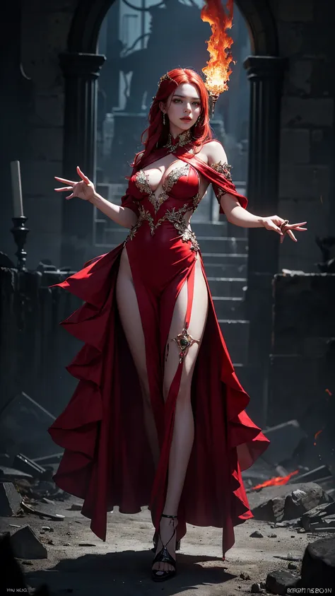 NSFW, best quality (4K, high resolution, masterpiece:1.2), ultra-detailed, realistic (photo-realistic:1.37), Eira, the Red Queen of Wrath, mesmerizing enchantress, portrait, ((standing with a captivating red velvet gown)), alluring yet intimidating gaze, h...