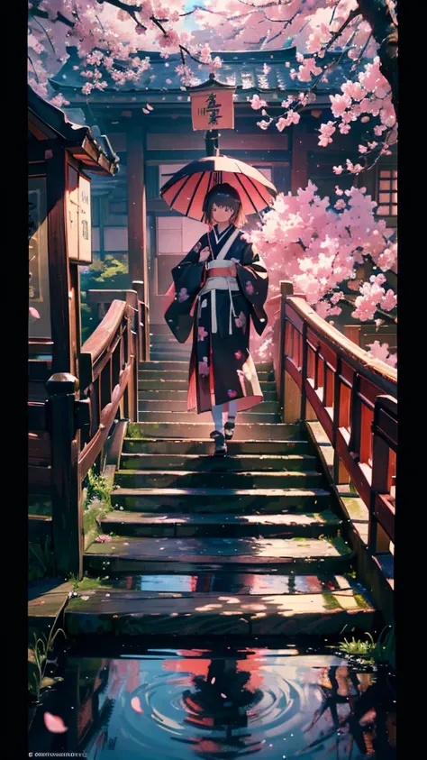 {Highly detailed 8K wallpapers}, {masterpiece}, {Highest quality}, alone, Full Body Shot, okita souji, ショートヘア, kimono, Haori Cerezo, cherry blossoms, Surrealism, chiaroscuro, cinematic lighting, UHD, high details, best quality, highres, 8k