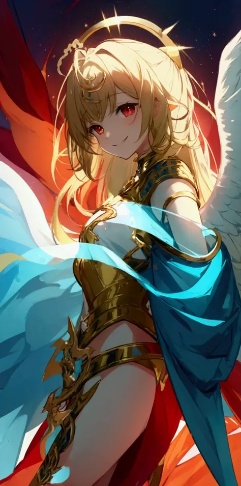 unbeatablemasterpiece,smile,heaven,angel ring on head,wings back,sword right hand,shield left hand