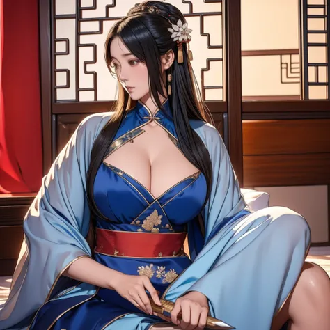 A 25-year-old very beautiful widow, an ancient Chinese woman in Hanfu reveals her cleavage, has a shy expression, and holds a knife to resist rejection.

