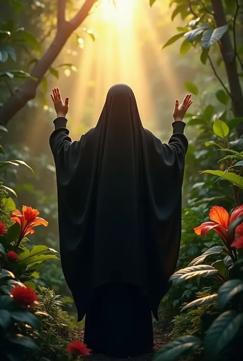 A girl with Black color Borkha, between in a jungle, beautiful plants and flowers rising, she looking at the sun, She is facing forward and the picture is taken from her back, her hand to sun, Sun ray comes between her arms. Ratio- 1:1