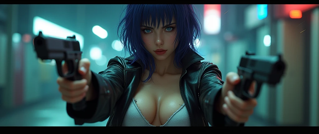 30 yo,realistic hardboiled woman ,blue-purple hair,Scarlett Johansson　in Ghost in the Shell,Public Security,(1 girl),realistic ghost in the shell with guns,Wearing a white Fishnet tights and long trench leather coat,(beautiful eyes:1.2),(beautiful face:1.3...