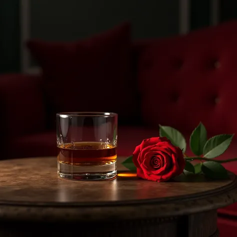 alcohol,red rose,Wooden table,night,Red sofa