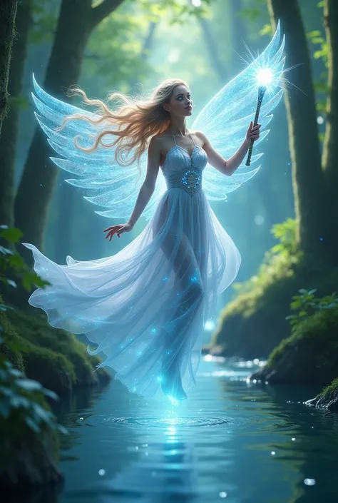 Beauty holding wand，Drift through the forest，Long hair like a cloud，Blue eyes flashing，Dressed in luminous clothing，The water is full of water，A gentle breeze。