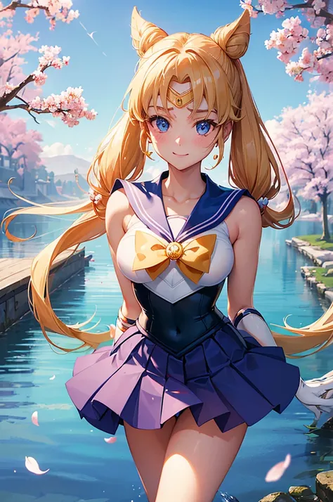 (((Browsing Caution,Captivating smile,view under the skirt angle perspective from below, From a dogs point of view, Camel Toe))),Super Sailor Moon, Rabbit, alone, flower,  water, flowerびら, Outdoor, From the side, cherry blossoms,   Long sleeve, whole body,...