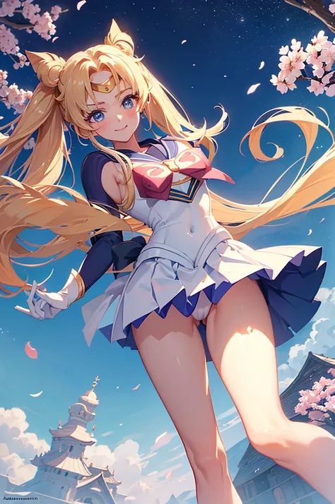 (((Browsing Caution,Captivating smile,view under the skirt angle perspective from below, From a dogs point of view, Camel Toe))),Super Sailor Moon, Rabbit, alone, flower,  water, flowerびら, Outdoor, From the side, cherry blossoms,   Long sleeve, whole body,...